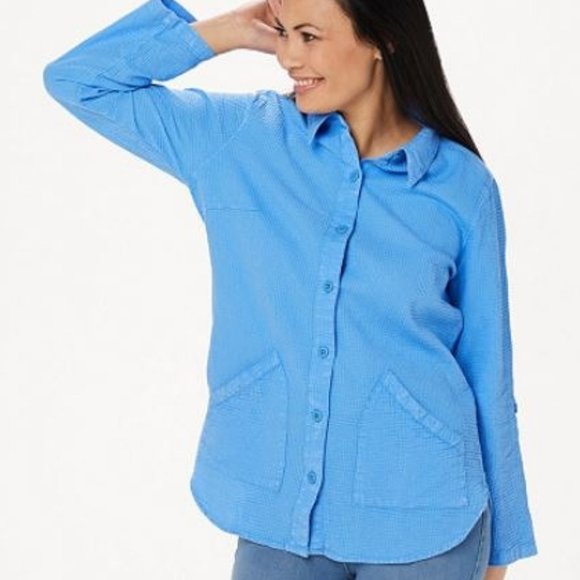 Denim & Co Waffle Button Front Collared Tunic 3539 - Picture 1 of 3